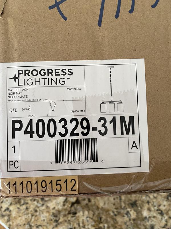 Progress Lighting Morehouse 3-Light Matte Black Transitional Chandelier