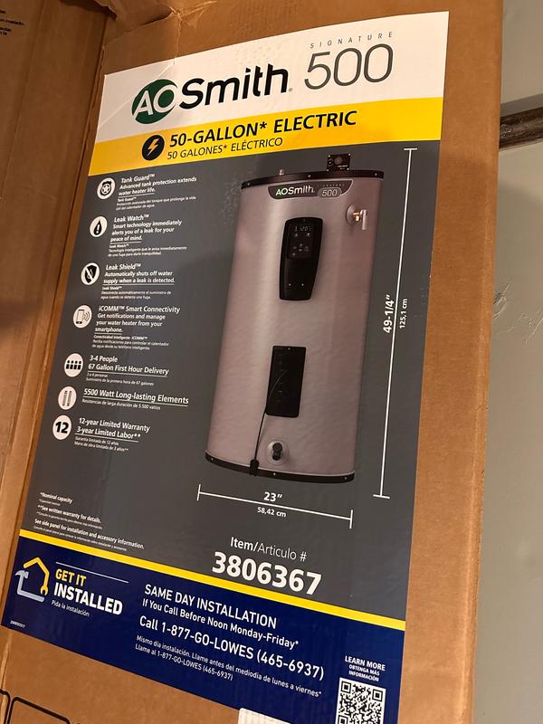 A.O. Smith Signature 500 50-Gallons Short 12-year Limited Warranty  5500-Watt Double Element Smart Electric Water Heater in the Water Heaters  department at Lowes.com