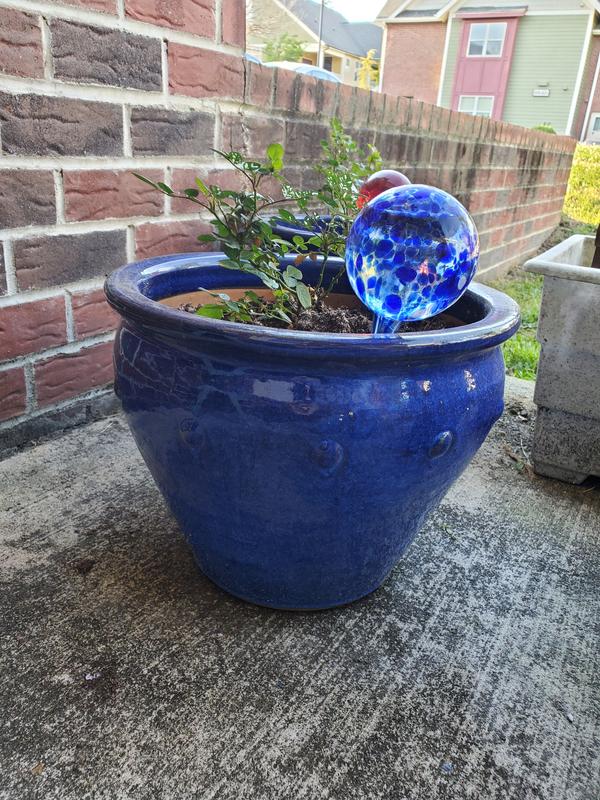 allen + roth Round 9.6-in W Small Blue Ceramic Outdoor Planter