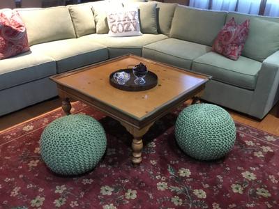 Round Pouf Ottoman in Vinyl Green Clean Designs Kansas City