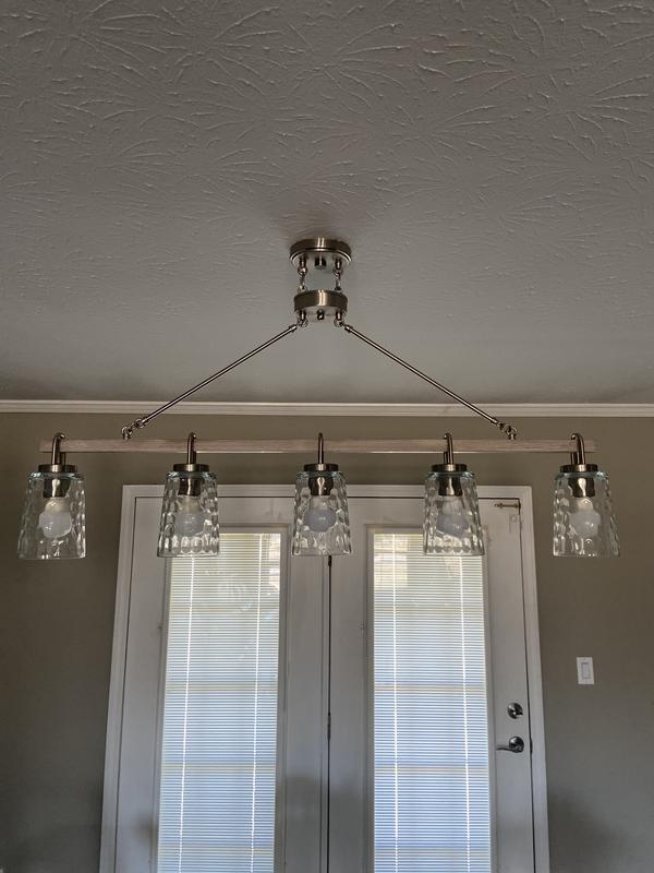 Progress Lighting Tiana 5-Light Brushed Nickel with Driftwood Accents Coastal Clear Glass Linear Large Hanging Kitchen Island Light