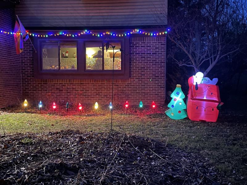 Snoopy Dog House With Christmas Lights on It Badge-peanuts Gang