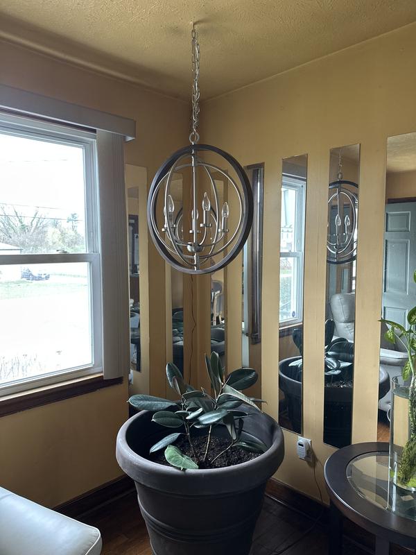 Progress Lighting Fairwood 5-Light Teak Wood and Satin Nickel Transitional Globe Medium Hanging Pendant Light