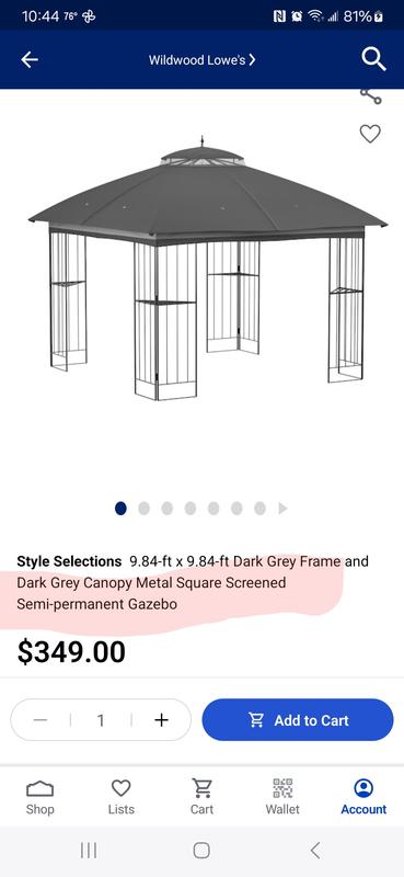 Style Selections 9.84-ft x 9.84-ft Square Dark Grey Frame