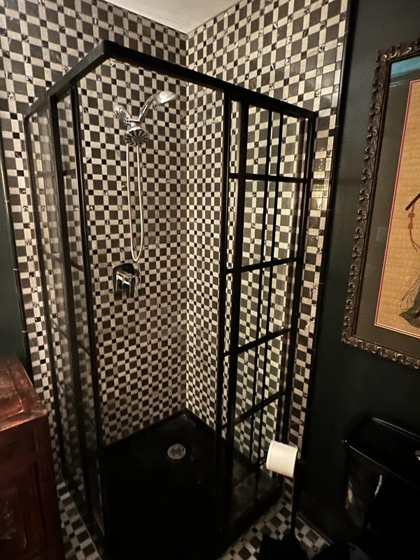 DreamLine DL-6790-09 French Corner 42 D x 42 W x 74 3/4 H Framed Sliding Shower Enclosure in Satin Black and Black Acrylic Base