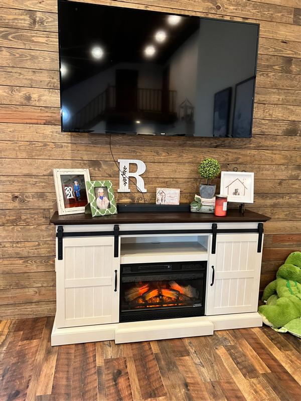 Sliding barn door fireplace tv deals stand