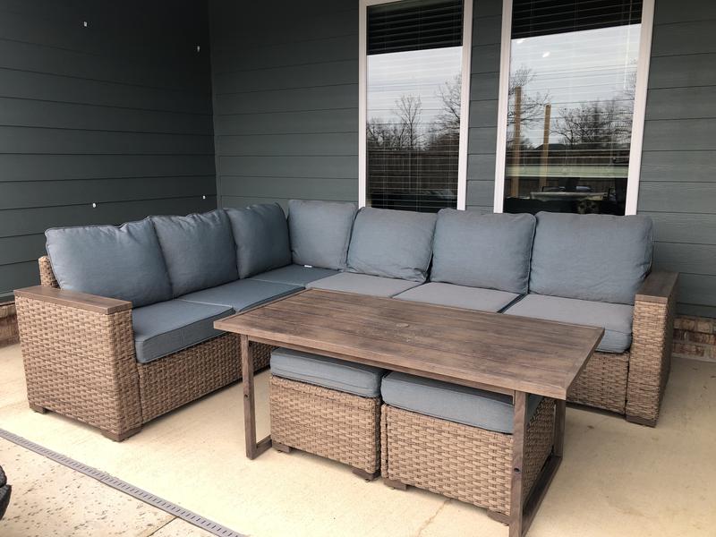 allen + roth Rowen Rattan Outdoor Sectional with Blue Cushions and ...