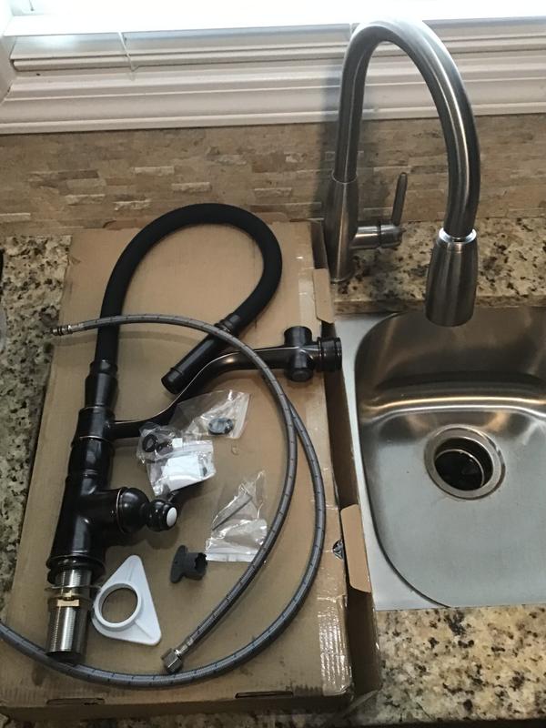Image showcasing WOWOW Oil Rubbed Bronze Single Handle Kitchen Faucet with Sprayer (Deck ...