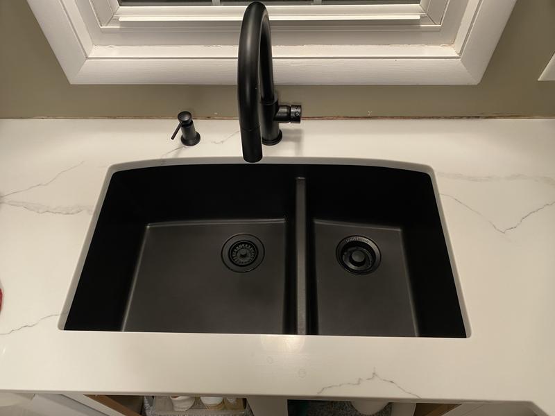 Karran 32 Undermount Quartz Composite Kitchen Sink, 60/40 Double Bowl, White, QU-610-WH-PK1