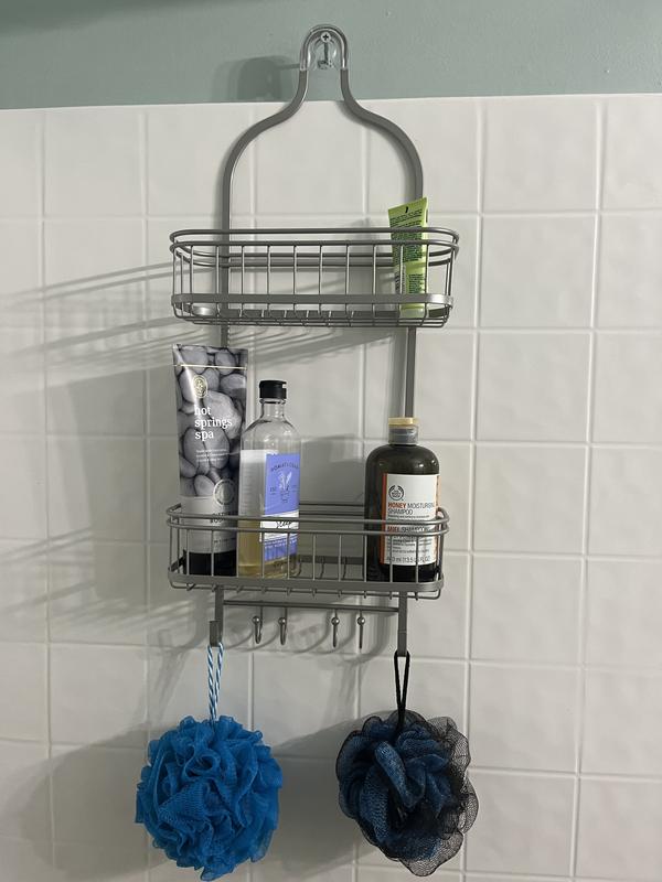 Home Basics Wave 2 Tier Aluminum Suction Shower Caddy with Integrated Hooks  and Soap Tray, Grey, SHOWER