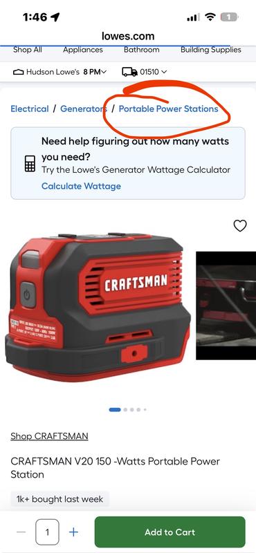Shop CRAFTSMAN V20 150-Watt Portable Power Station & 4.0Ah Battery and  Charger at Lowes.com