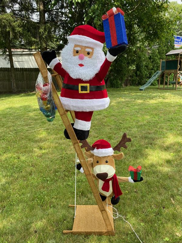 Holiday Living 5.5-ft Lighted Santa and Moose on Ladder Decoration ...