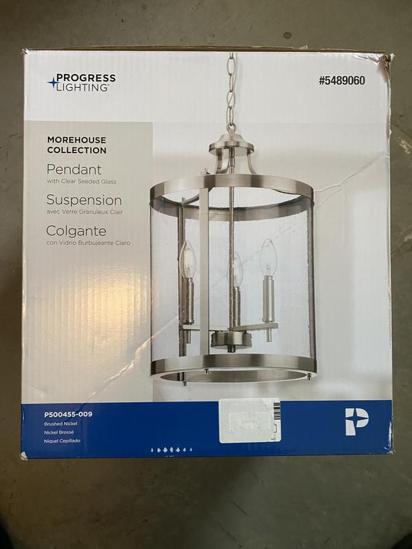 Progress Lighting Morehouse 3-Light Brushed Nickel Transitional Seeded Glass Cylinder Medium Hanging Pendant Light