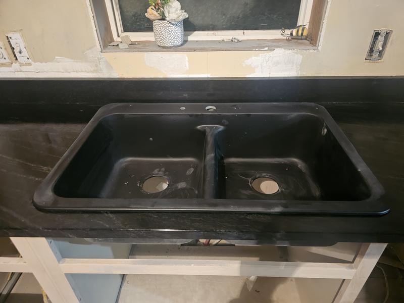 Allen + Roth Kenji Dual-Mount 33-in x 22-in Nero Granite Double Equal Bowl 3-Hole Kitchen Sink in Black | CLTN200DM13