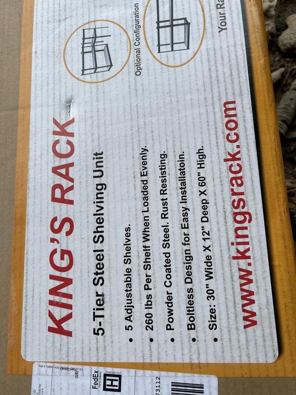 King's Rack 5-Tier Black Steel Storage Rack Boltless Shelving Tier Height Adjustable 30 W x 12 D x 60 H.