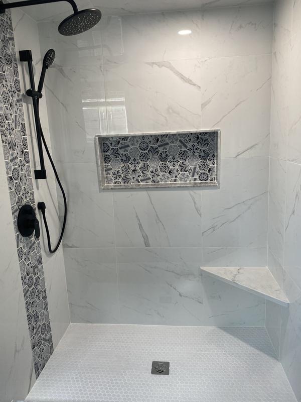 Faber 24x24 Polished Carrara White, What Tile To Use For Shower Curbside