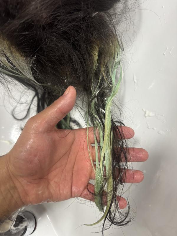 this was AFTER we done the detox and applied the product to remove hair dye. The hairstylist said my hair should have been blonde at this stage, not green, as it's pictured