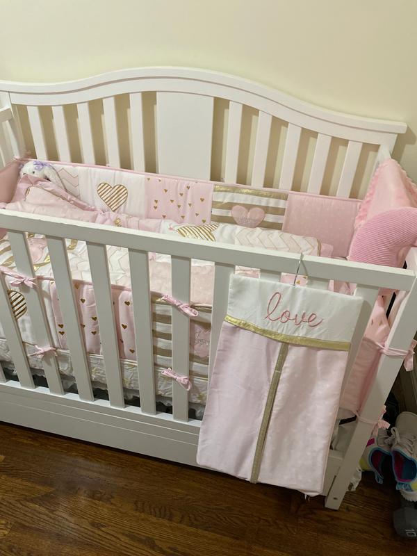 Baby Love Metallic Gold Pink White Hearts Stripes and Chevrons 4 Piece Nursery Crib Bedding Set Lambs Ivy