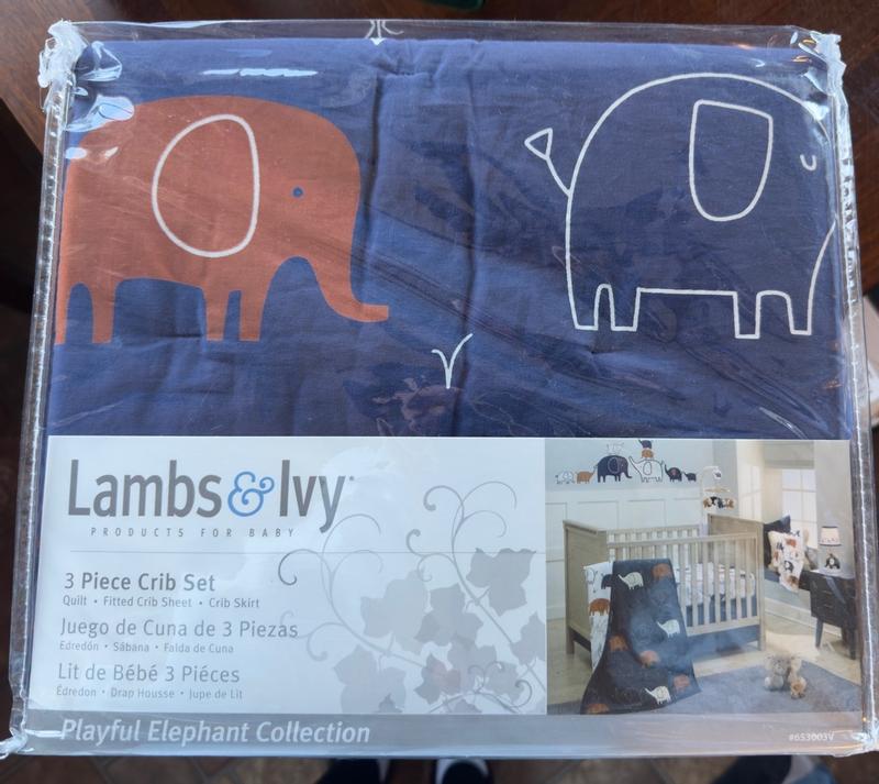 Playful Elephant Blue White Cotton 3 Piece Baby Crib Bedding Set Lambs Ivy