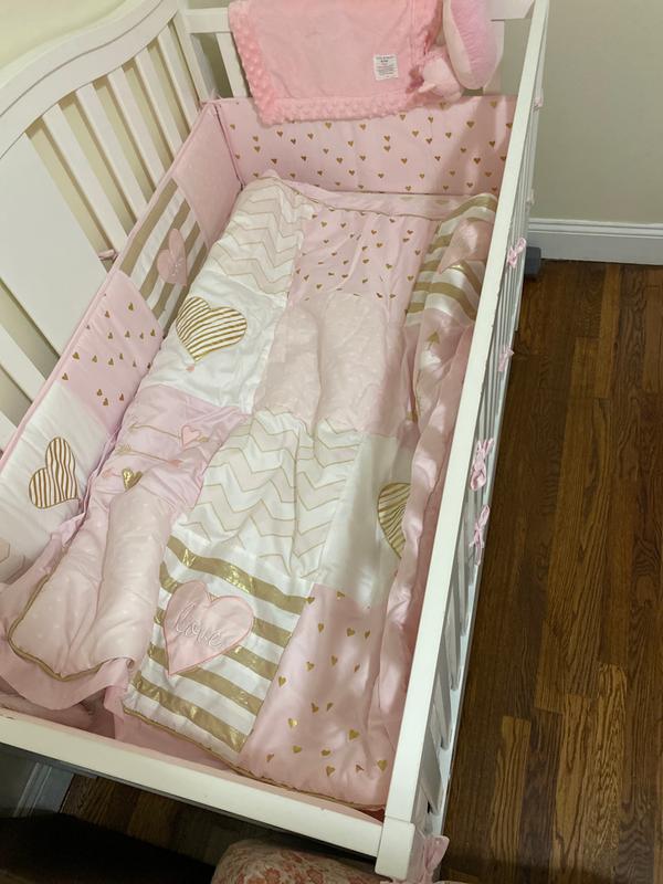 Baby Love Metallic Gold Pink White Hearts Stripes and Chevrons 4 Piece Nursery Crib Bedding Set Lambs Ivy