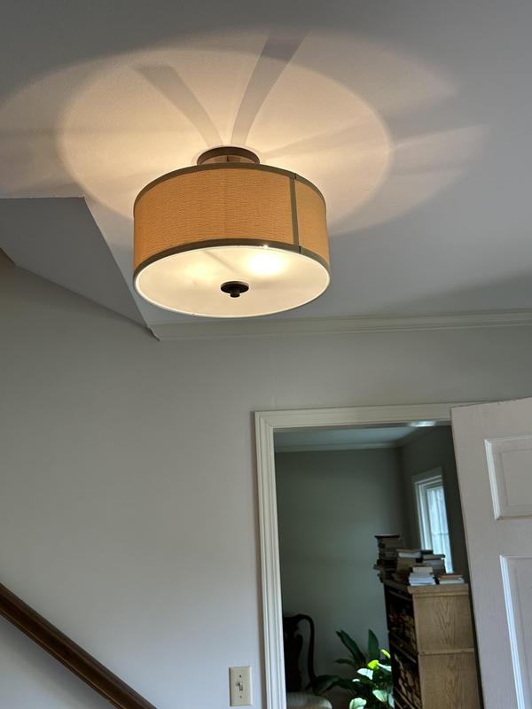 Possini Euro Design Halsted Mid Century Modern Ceiling Light Semi Flush Mount Fixture Brushed Bronze 15 Wide Oatmeal Linen Drum Shade for House Bedroom Hallway Living Room Bathroom Dining Kitchen Macy...