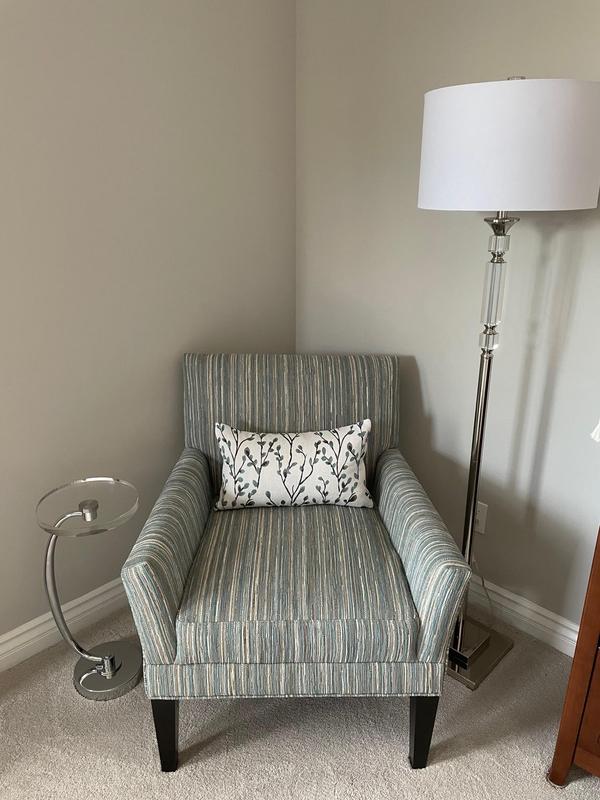 Gorgeous, high-end looking floor lamp. (The drink table is also from Lamps Plus. I recommend both.)