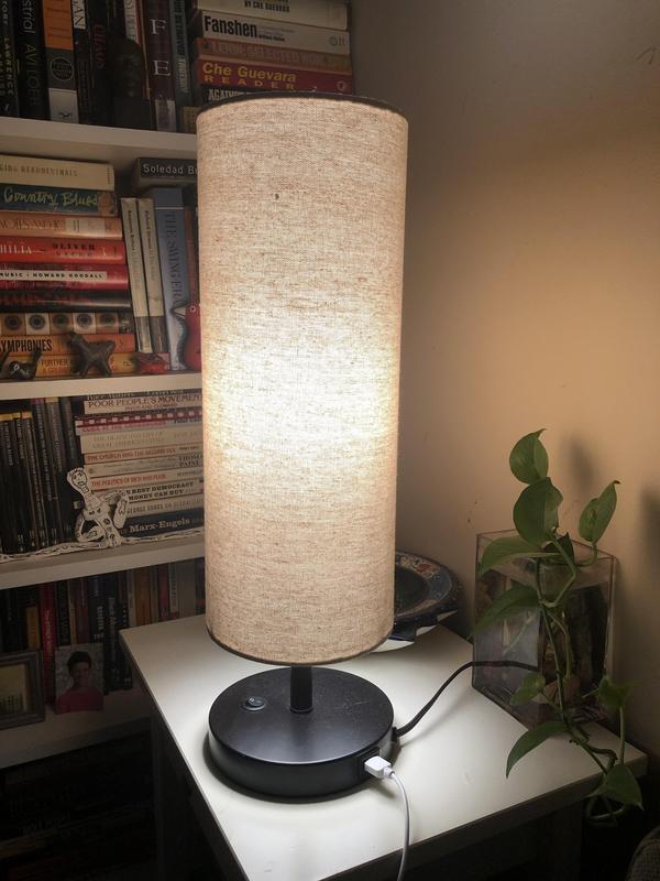 Like the way the color and texture of the shade softens the light but bright enough to read by.