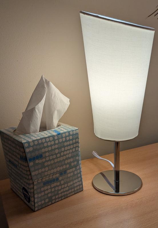 To show the size of the lamp, it's next to a tissue box.