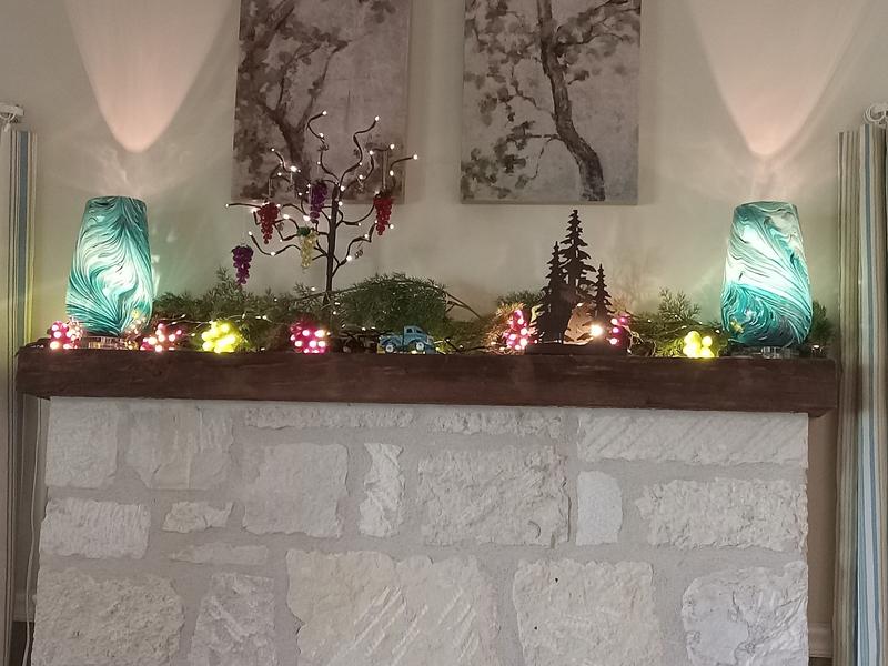 Blue lamps on the mantel