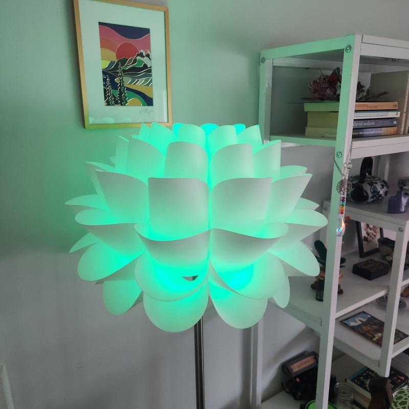 Pictured with a Phillips Hue color bulb set to teal.