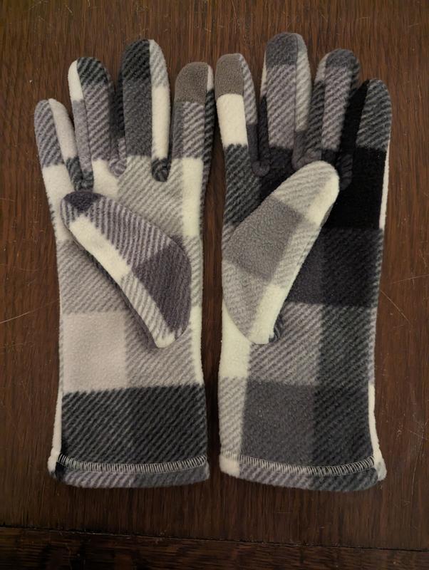 Plaid gloves mis-matched pattern showing back side and palm side.