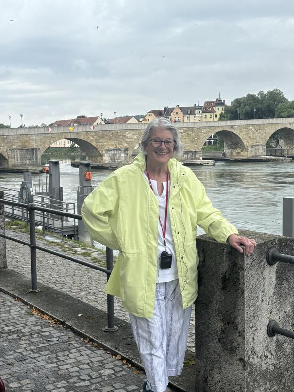 Wearing my colorful rain jacket.