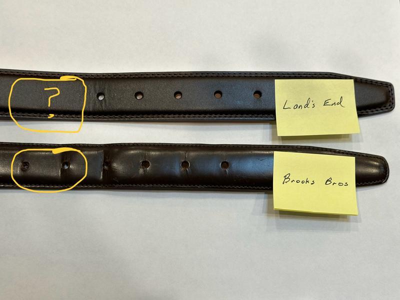 This belt compared to a Brooks Brothers belt, indicating where additional holes would make this belt fit more people, e.g. me.