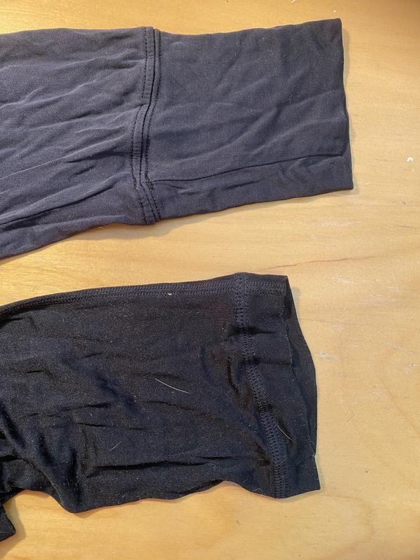 Top = old LE silk long John cuff, bottom = new