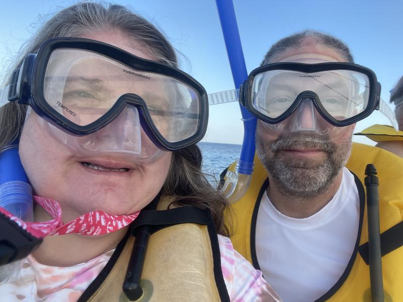 His white Rash Guard and my Lands End Tie-dye rash guard were comfortable under PFDs while snorkeling in ocean.