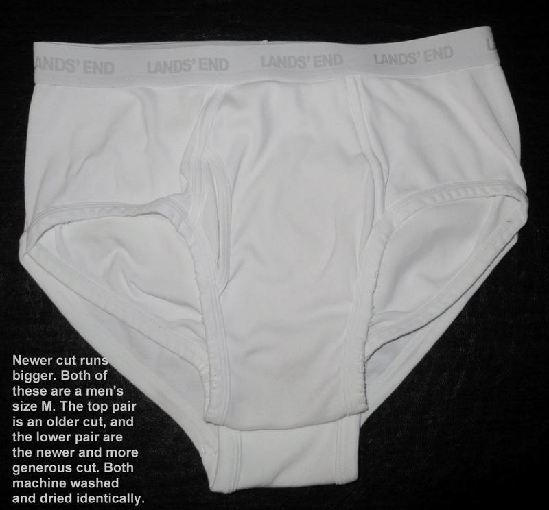Newer cut runs bigger. Both are size M. Top pair is older, and runs smaller. Both washed & dried.