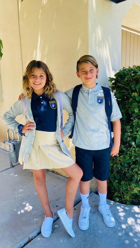 Navy and grey polos.