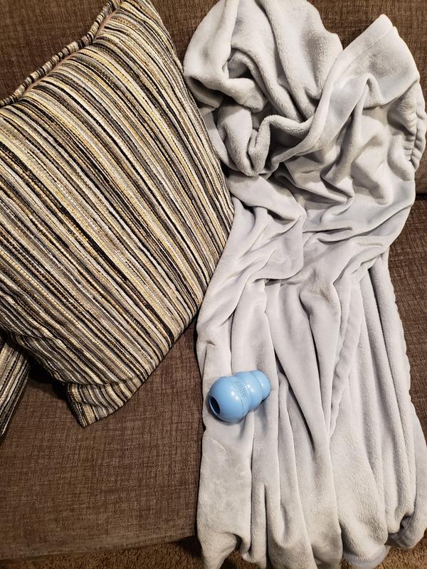 My slate gray couch and slate gray fleece throw.   I also included a blue dog toy for perspective.