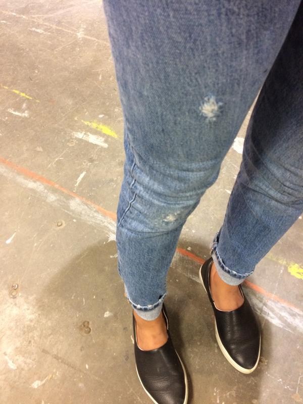 Hard to see but the side seam is closer to the knee instead of in the middle of the leg