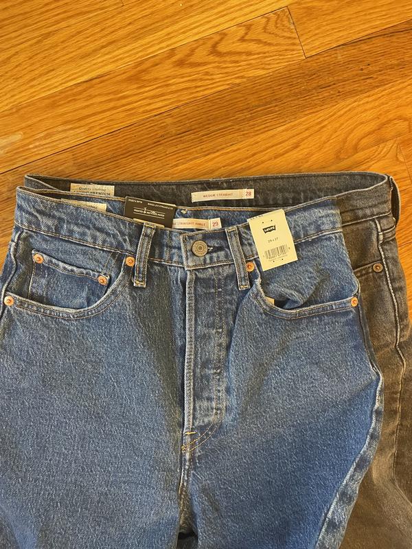 These jeans in size 29 (blue) vs wedgie jeans in size 28 (gray)