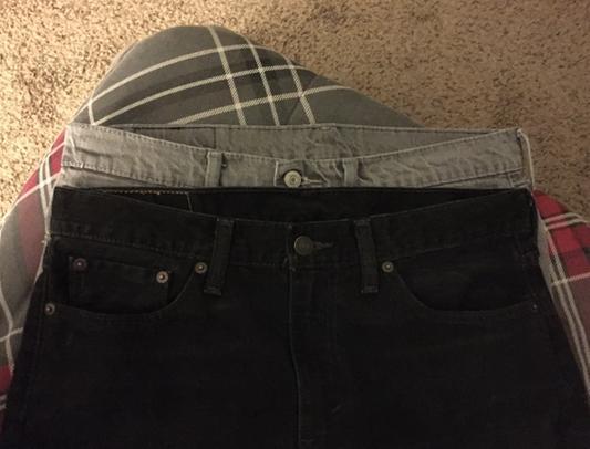 To show how the sizing has changed, the gray jeans are my two-year-old 32x32 505s (straight fits). The black ones are brand new 33x32 514s (the new straight fits). The waists are the same size. Also, the 514s seem to be a quarter-inch longer in the legs.