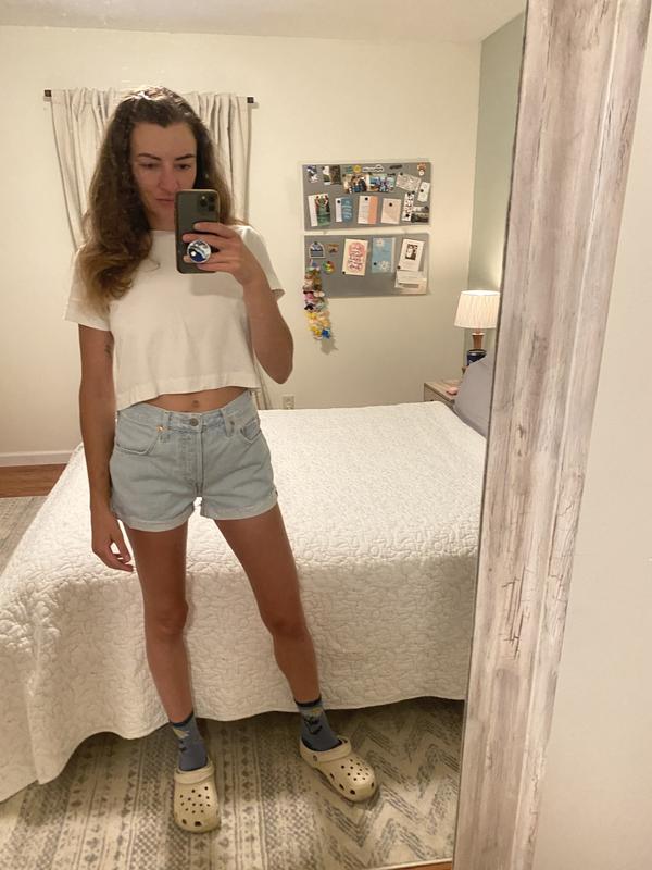 Classic white tee and Jean shorts look for running to the garden center!