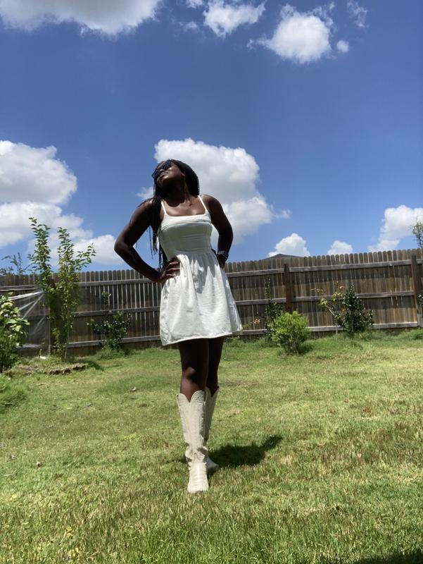 Jadine Denim Mini Lightweight Dress-Icy Ecru and leather boots