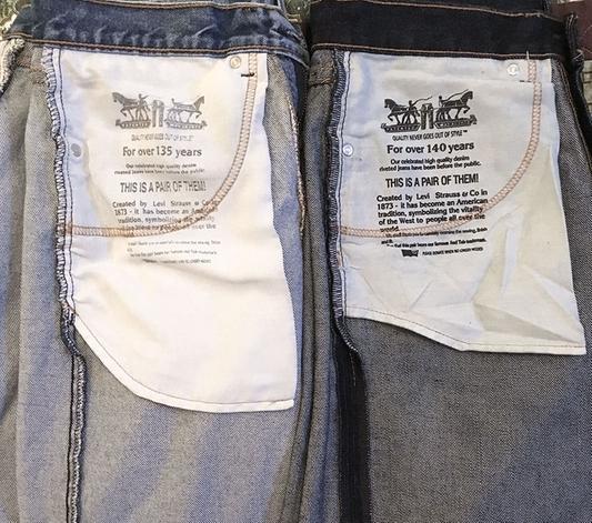 Tried and true old-style 505s with "normal" length pockets from a couple of years ago (left) and a brand new pair with short pockets (right).