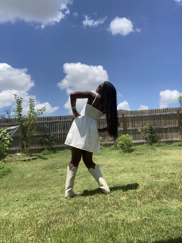 Jadine Denim Mini Lightweight Dress-Icy Ecru and leather boots