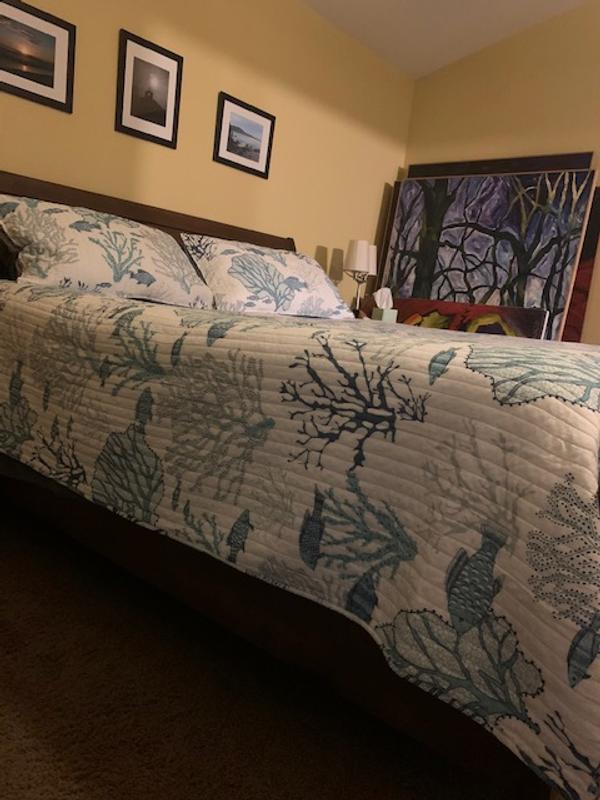 LevTex Lacey Sea king quilt set is large enough to cover the king mattress and boxspring.