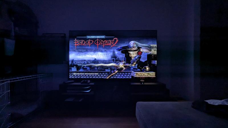 Yes this is a PS2 game blown up to 77 inches and wow it looks good. Maybe not try PS1 games unless upscaled internally.