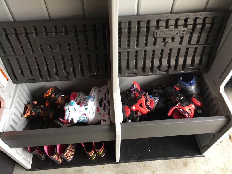 The storage compartments are nice and big! Easily fit 4 pairs kid rollerblades plus at least 6 sets of elbow and knee pads.