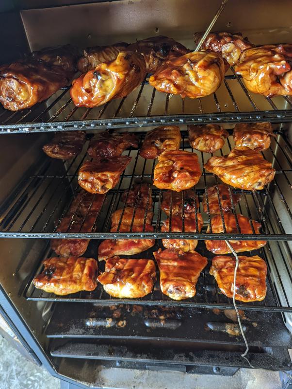 Chicken thighs ready to pull off the smoker. The Bear Mountain Craft Blend Bourbon BBQ Grill Pellets gave a great flavor to this chicken!
