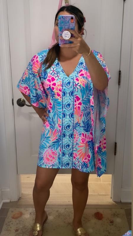 Lilly Pulitzer Sydney Caftan Top Blue Mosaic newest Print Pink Tassels Pooling Around